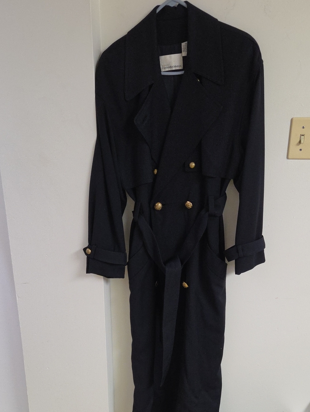 Dana Buchman Black Double-Breasted Trench Coat with Gold Buttons